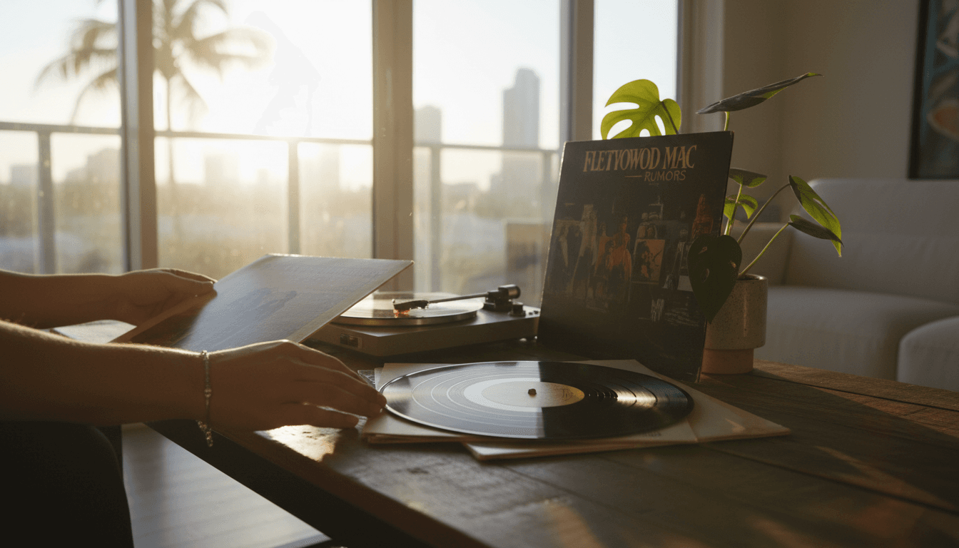 Hands carefully selecting vinyl records in warm natural light