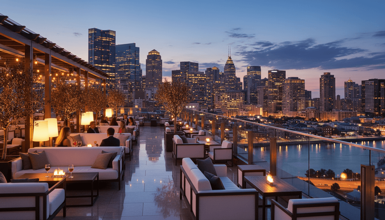 Elegant rooftop lounge at dusk with city skyline and soft warm lighting