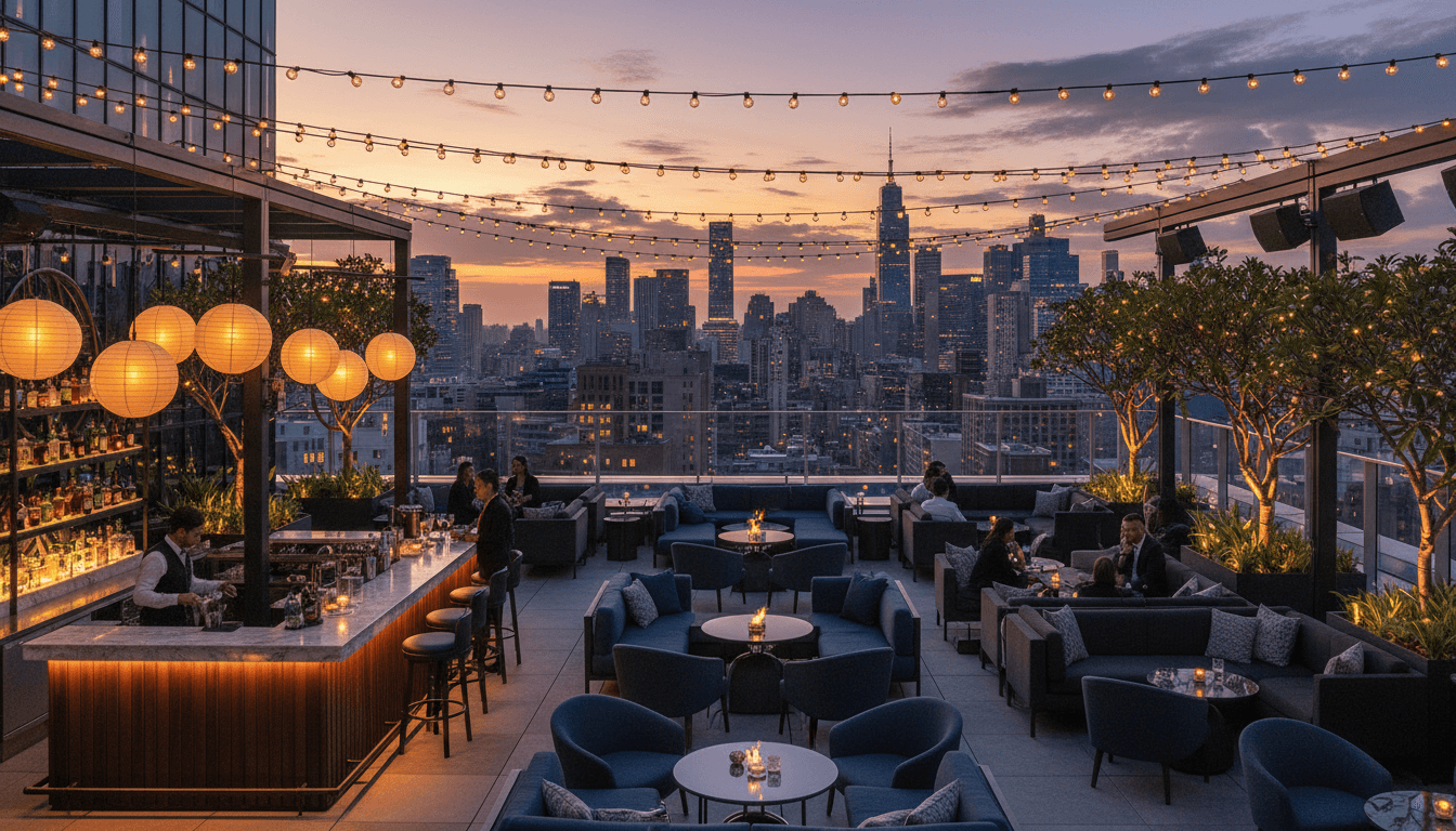 Rooftop lounge at dusk with city skyline and soft glowing lights