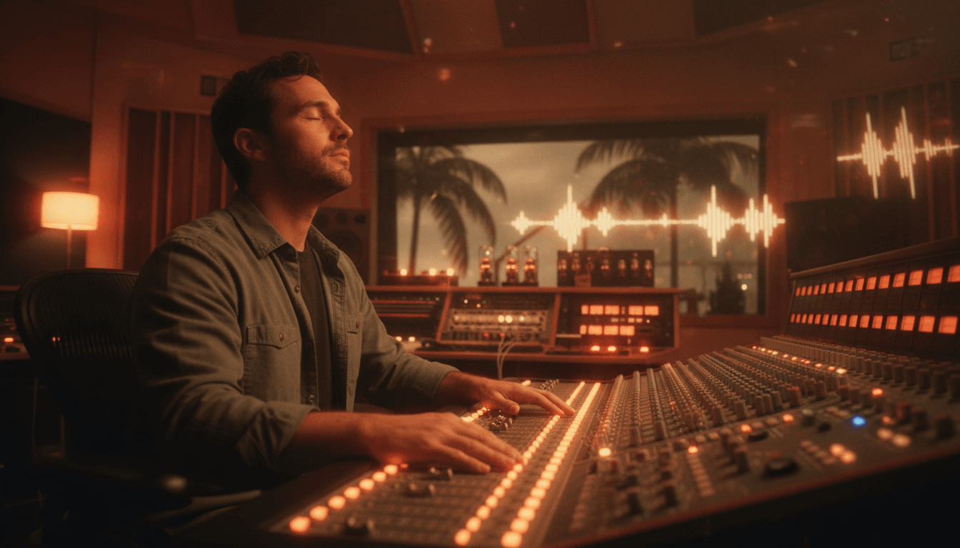 Audio curator listening closely in a dimly lit studio