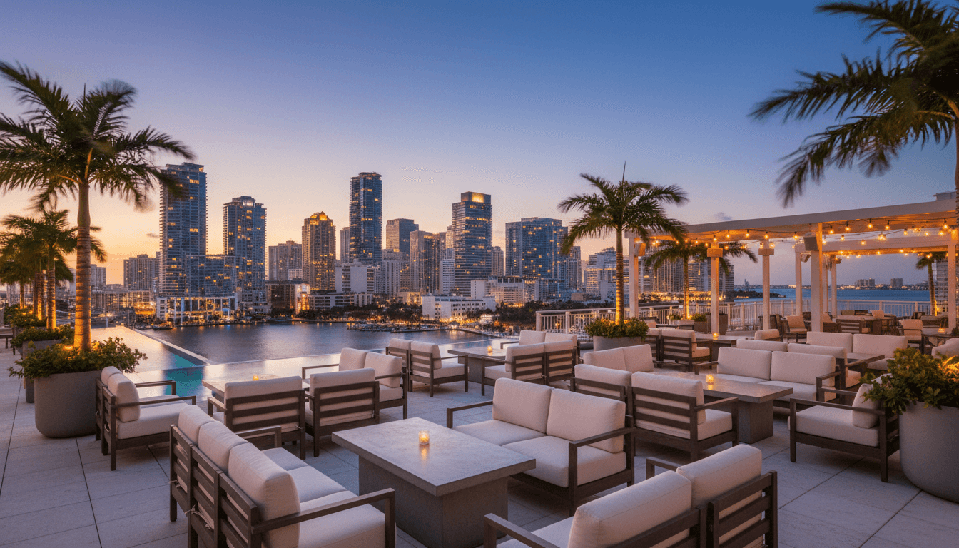 Tranquil Miami rooftop terrace at dusk with city skyline