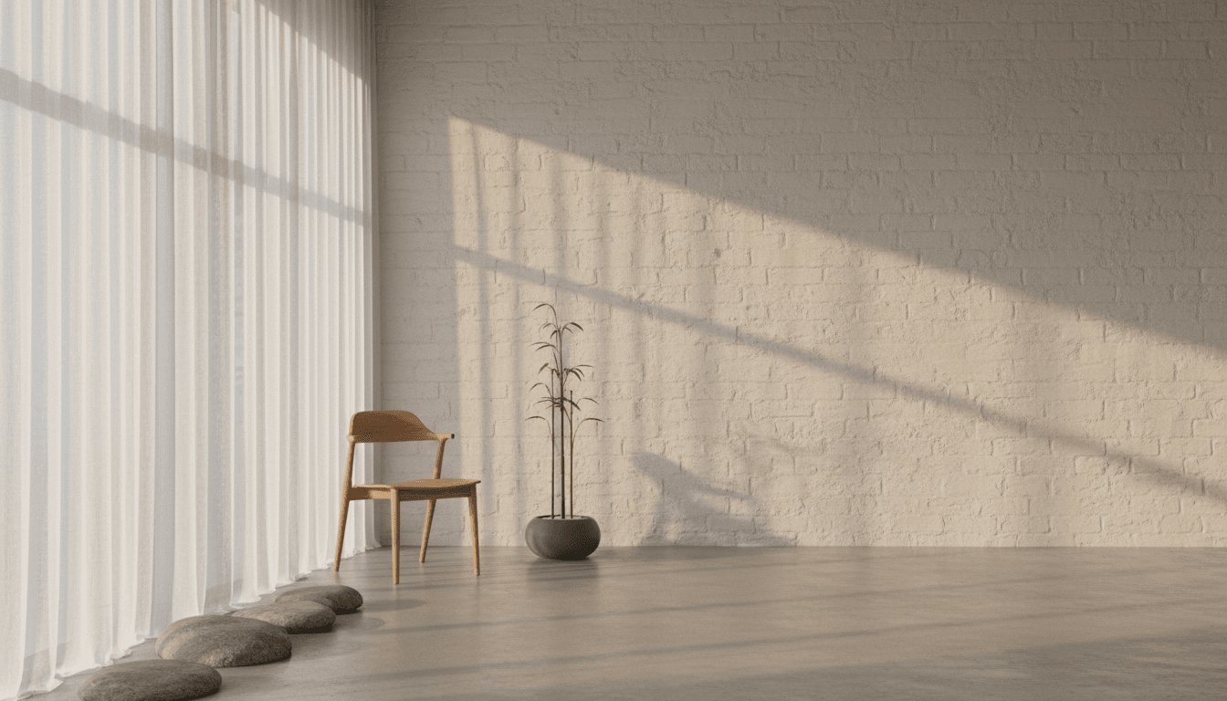 Serene minimalist interior with soft shadows and a chair by a window