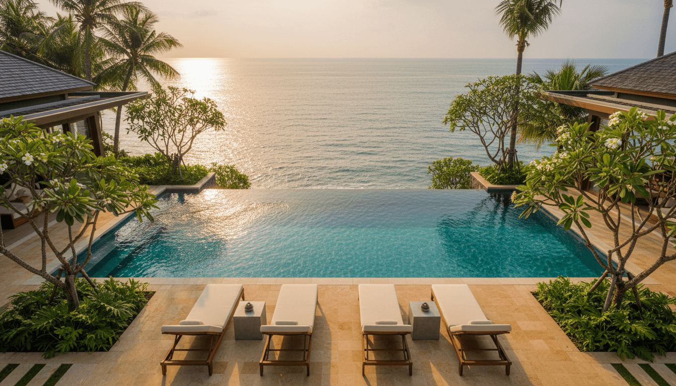 Luxury infinity pool overlooking ocean at sunset, with lounge chairs and tropical landscaping surrounding premium terrace