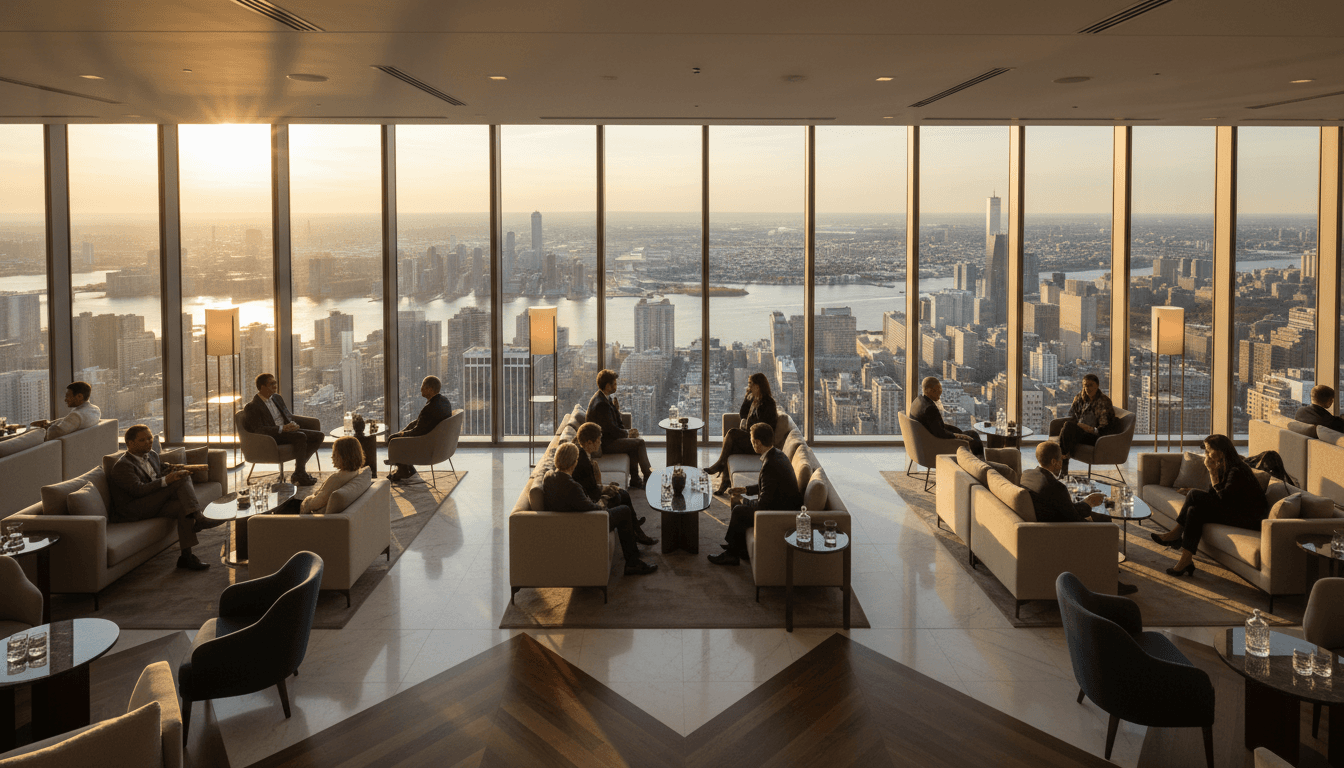 Luxury rooftop lounge with city skyline views at dusk
