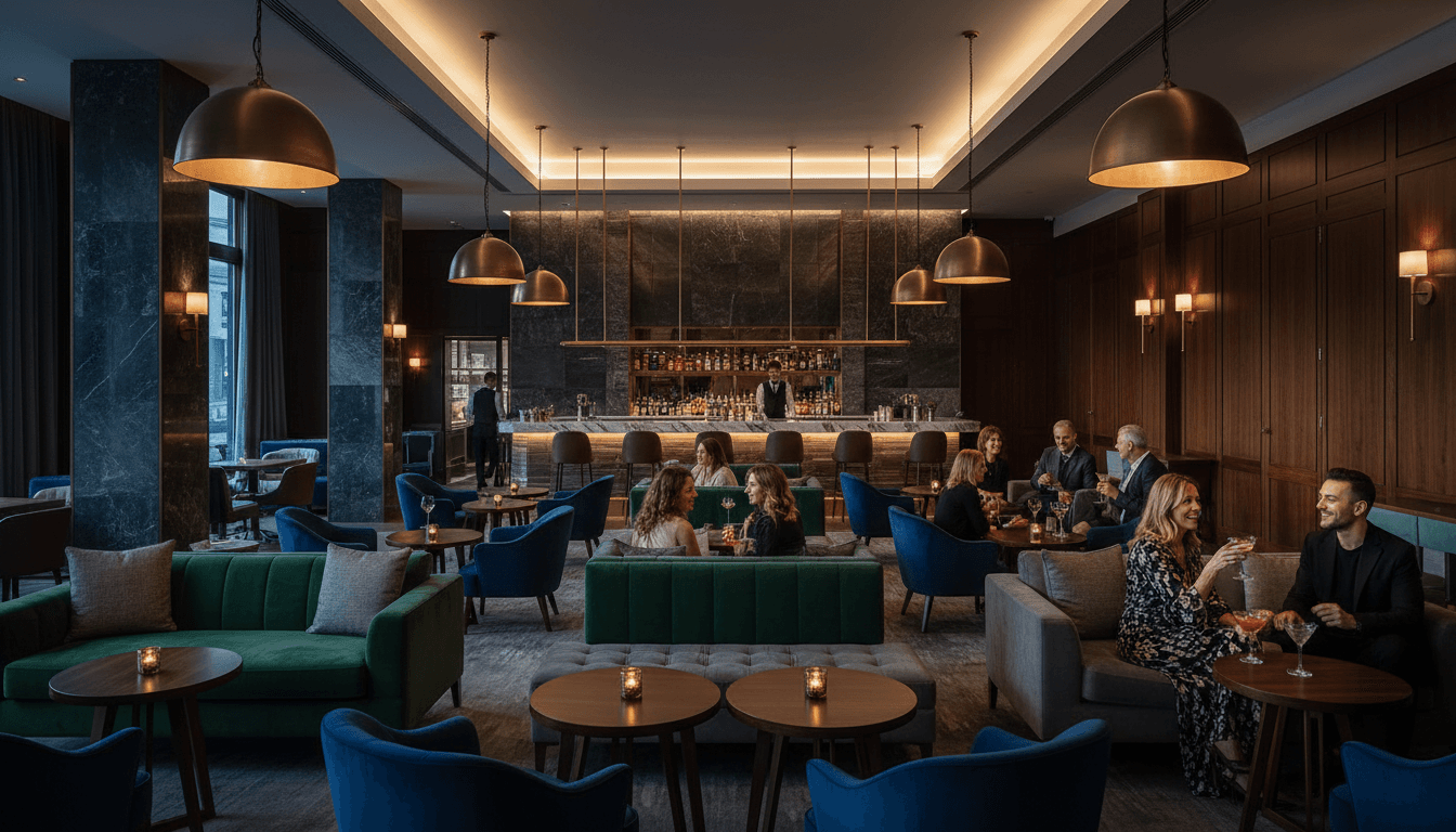 Luxurious rooftop lounge with city skyline views and warm ambient light at evening