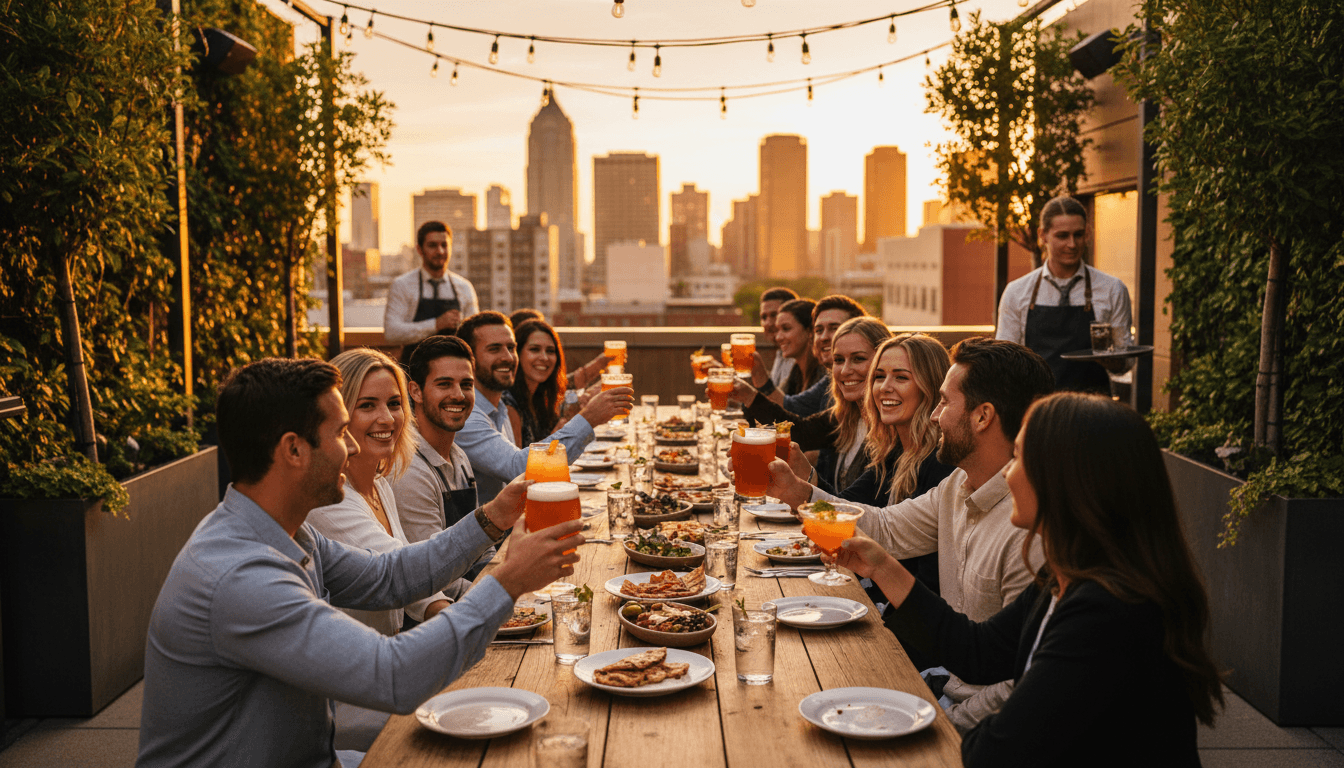 Elegant rooftop lounge at dusk with city skyline and warm ambient lighting