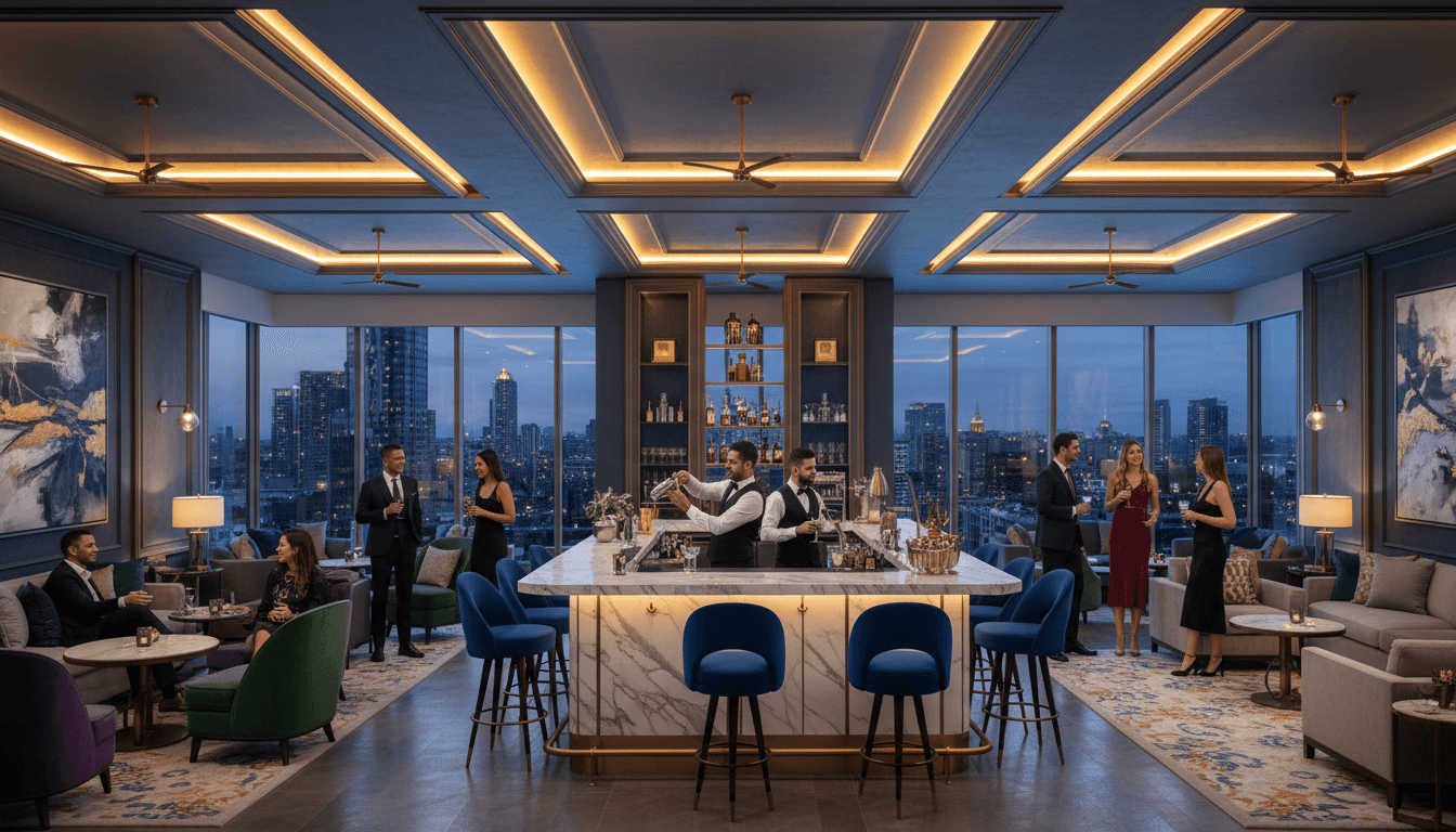 Guests enjoying drinks at an upscale rooftop lounge with city view at night