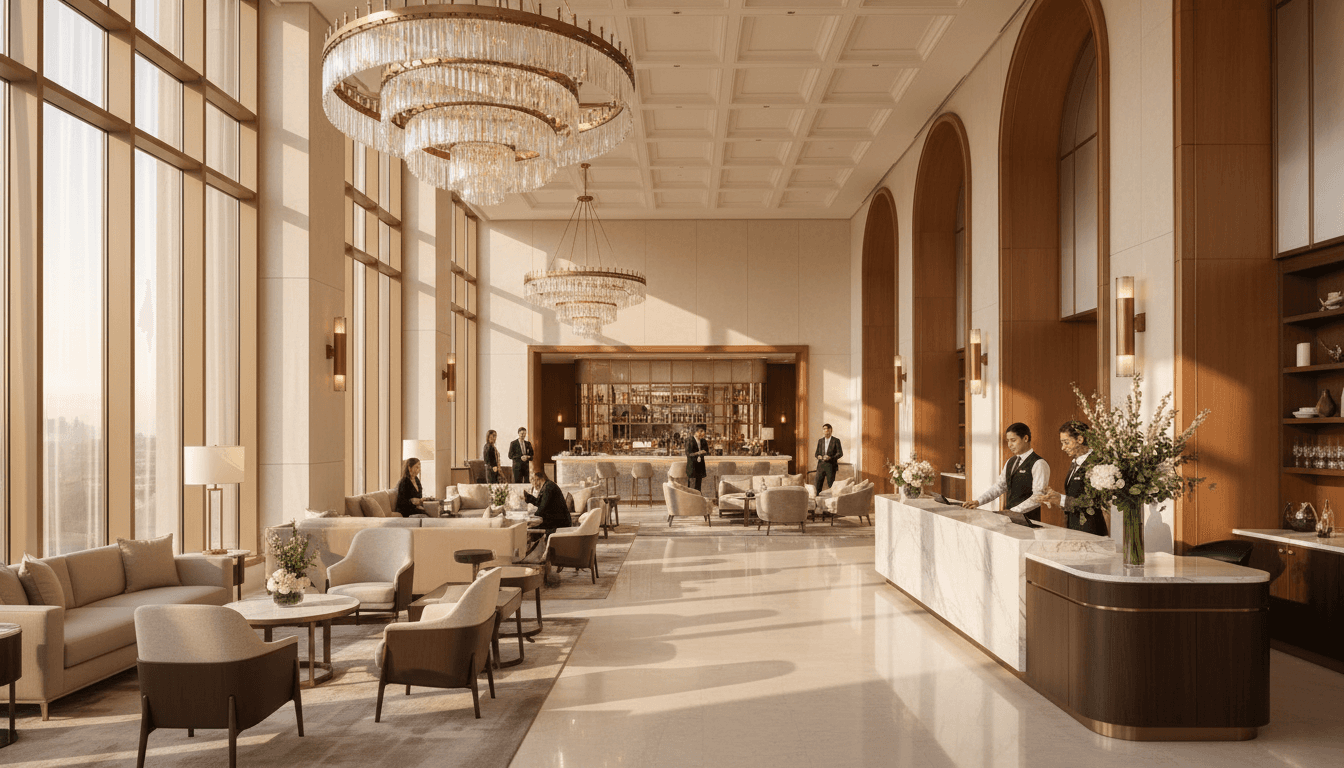 Elegant hotel lobby with marble floors and ambient lighting