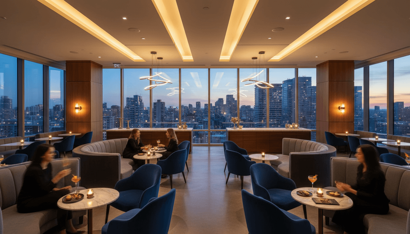 Modern luxury lounge interior with customers seated at tables, floor-to-ceiling windows overlooking city skyline at dusk