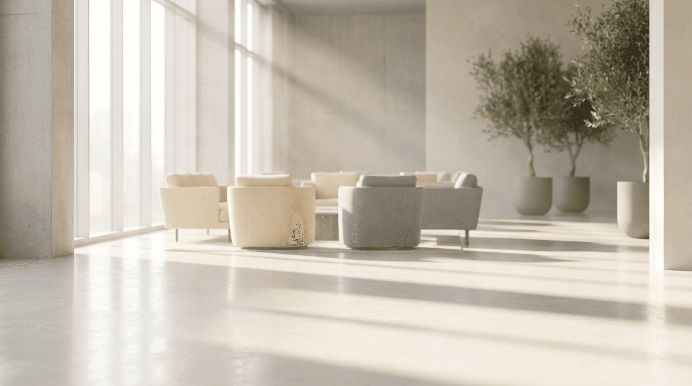 Minimalist lounge with soft seating and floor lamps
