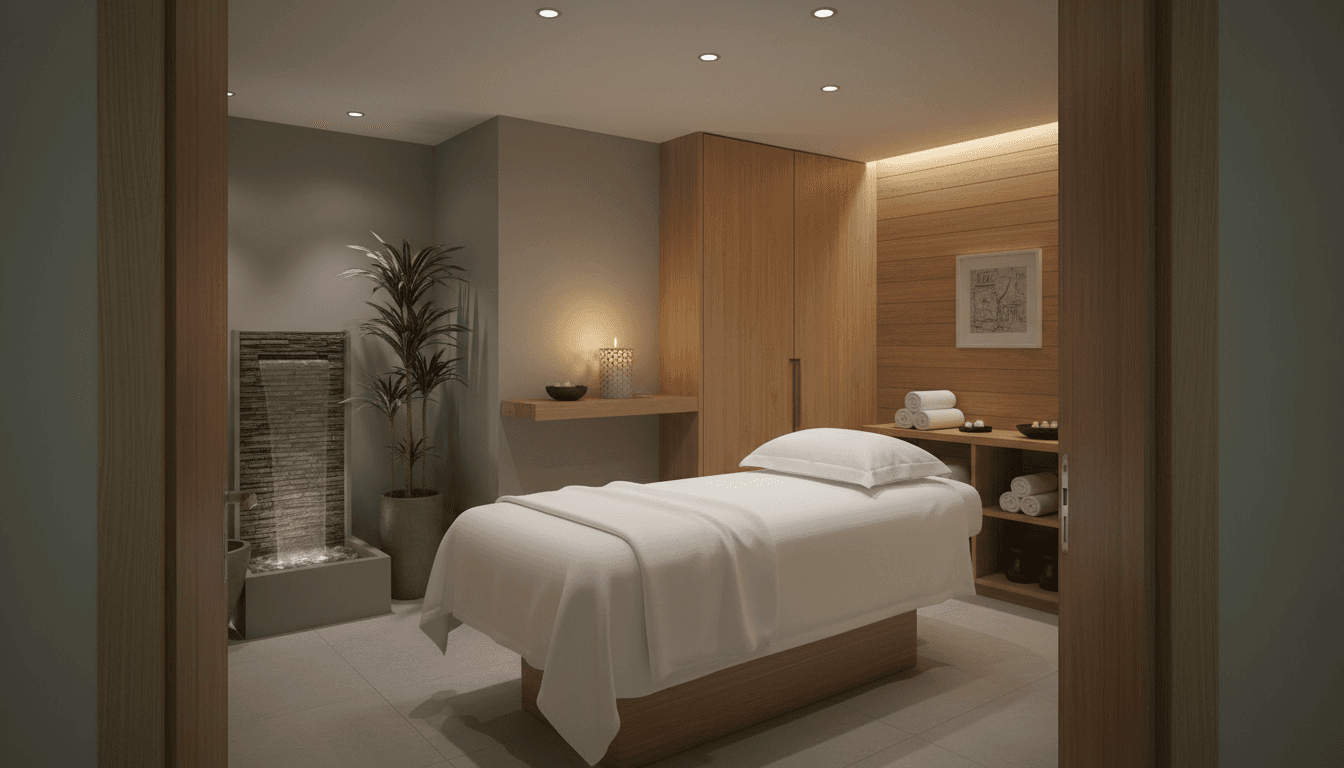 Serene spa interior with soft candles and warm lighting